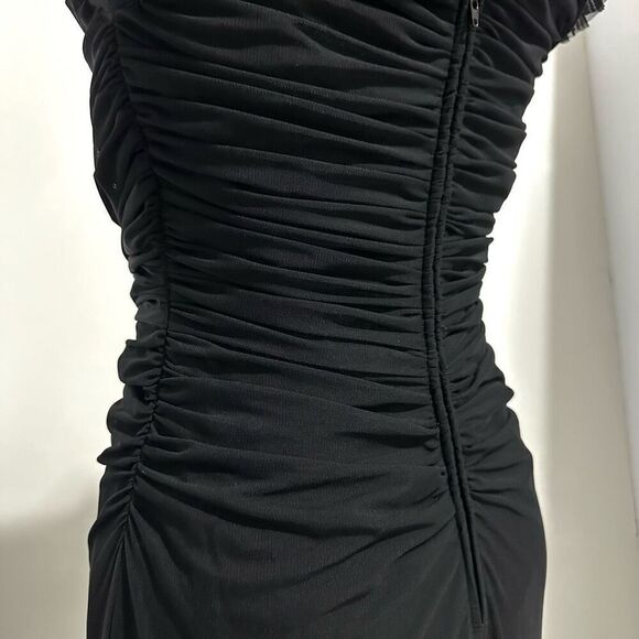 Vtg Tadashi Black Mesh Ruched Maxi Dress S Gothic Vampire Fairygoth Witchy - Picture 5 of 12